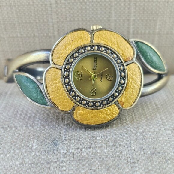 Decree Accessories - Decree Ladies Wristwatch Yellow Flower Face Bronze Tone Cuff Band Analog Watch